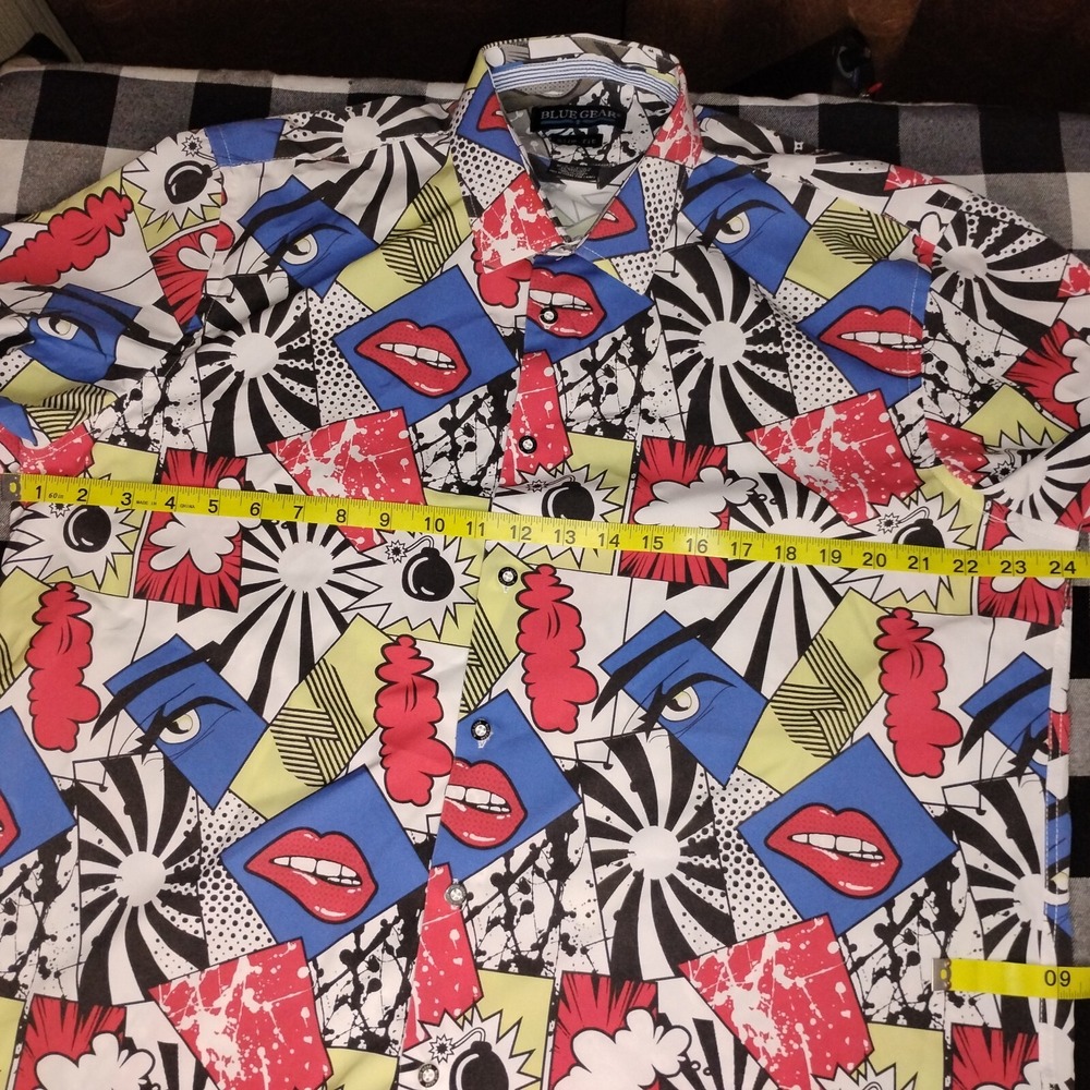 Blue Gear Comic Multi Color‎ Stretch Short Sleeve Button Abstract Graphics XL - Picture 14 of 16